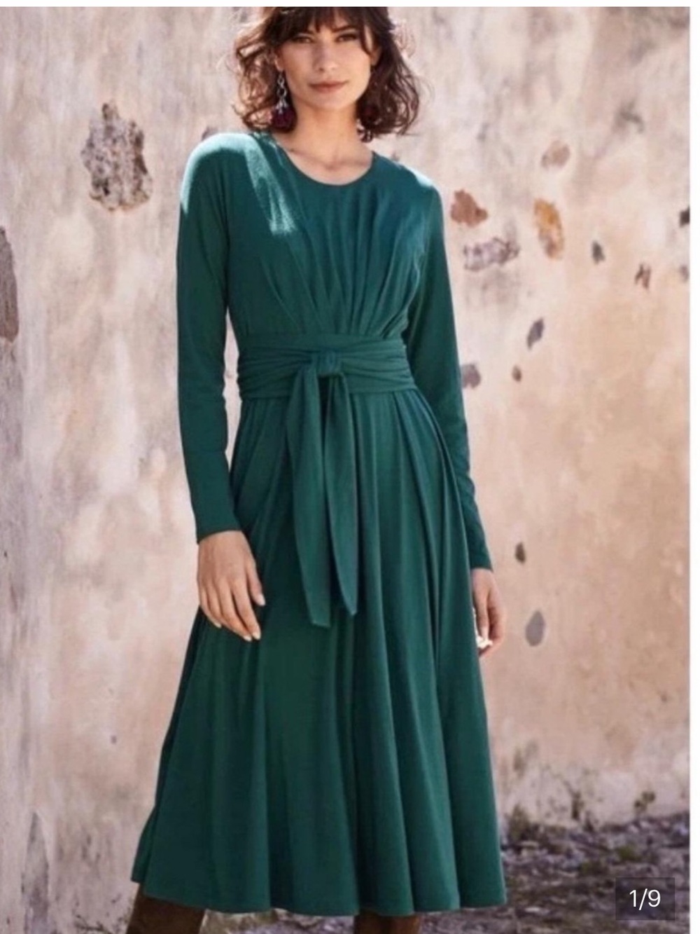 Peruvian Connection Deep Teal Long-Sleeve Tie Front Dress-Medium
